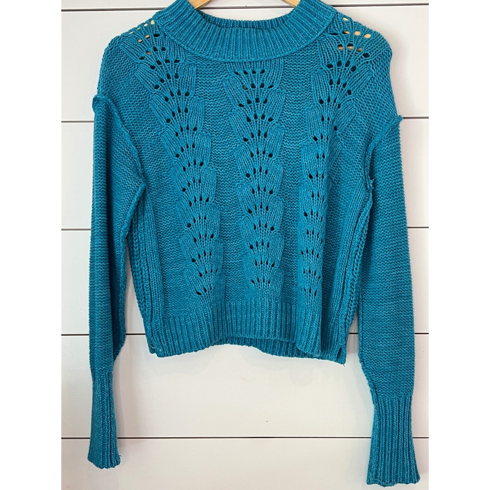 Free People Teal Blue Pointelle Chunky Knit Sweater Crew Neck Pullover Womens S